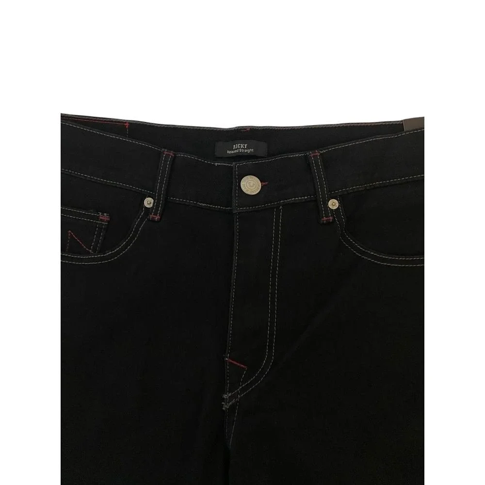 True Religion Ricky Relaxed Straight Jeans Black Rinse Red Stitch Mens 36x34 NEW